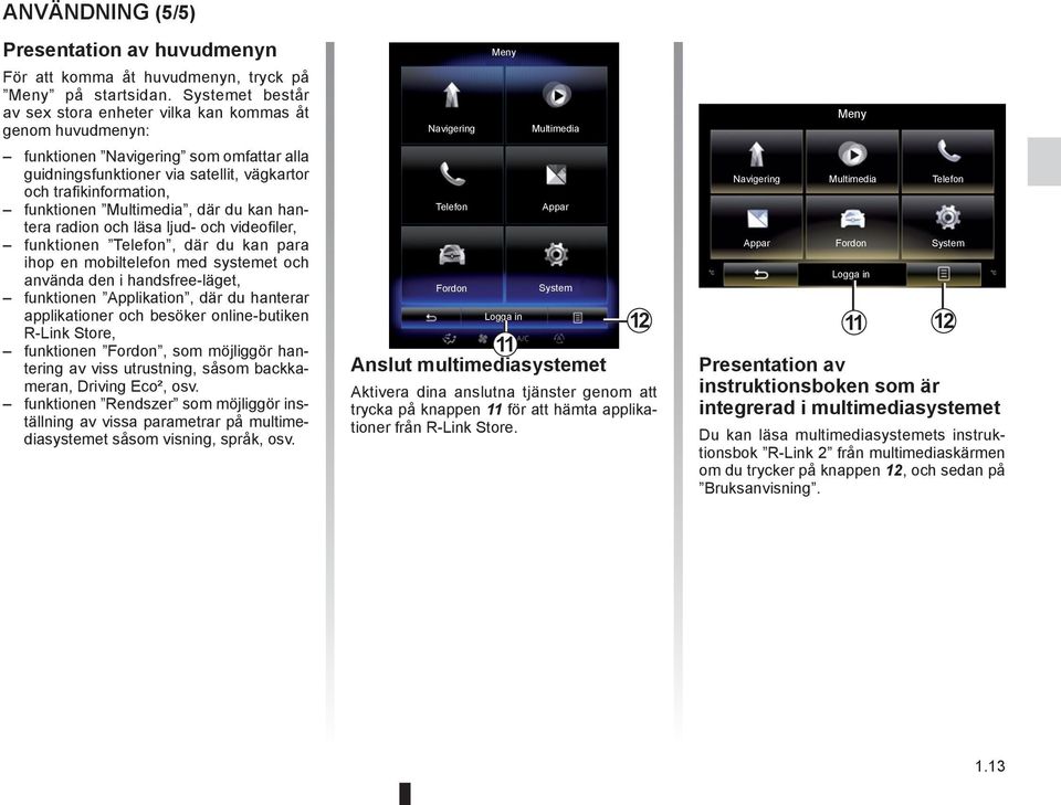 Multimedia, där du kan hantera radion och läsa ljud- och videofiler, funktionen Telefon, där du kan para ihop en mobiltelefon med systemet och använda den i handsfree-läget, funktionen Applikation,