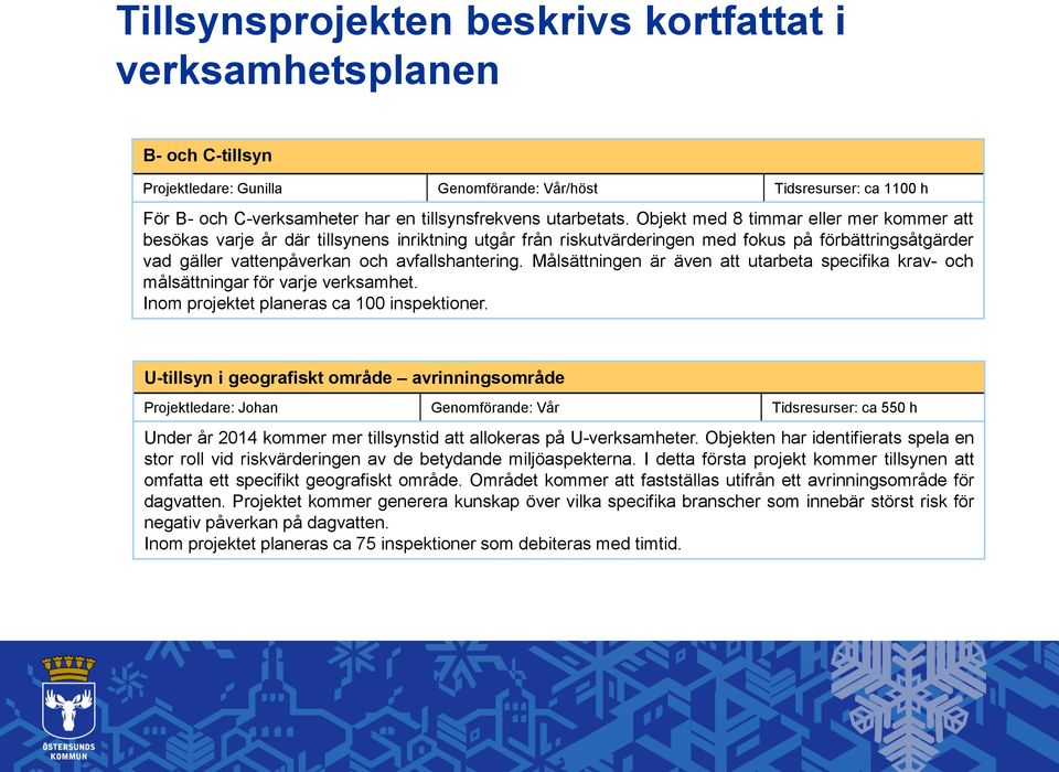 Objekt med 8 timmar eller mer kommer att besökas varje år där tillsynens inriktning utgår från riskutvärderingen med fokus på förbättringsåtgärder vad gäller vattenpåverkan och avfallshantering.