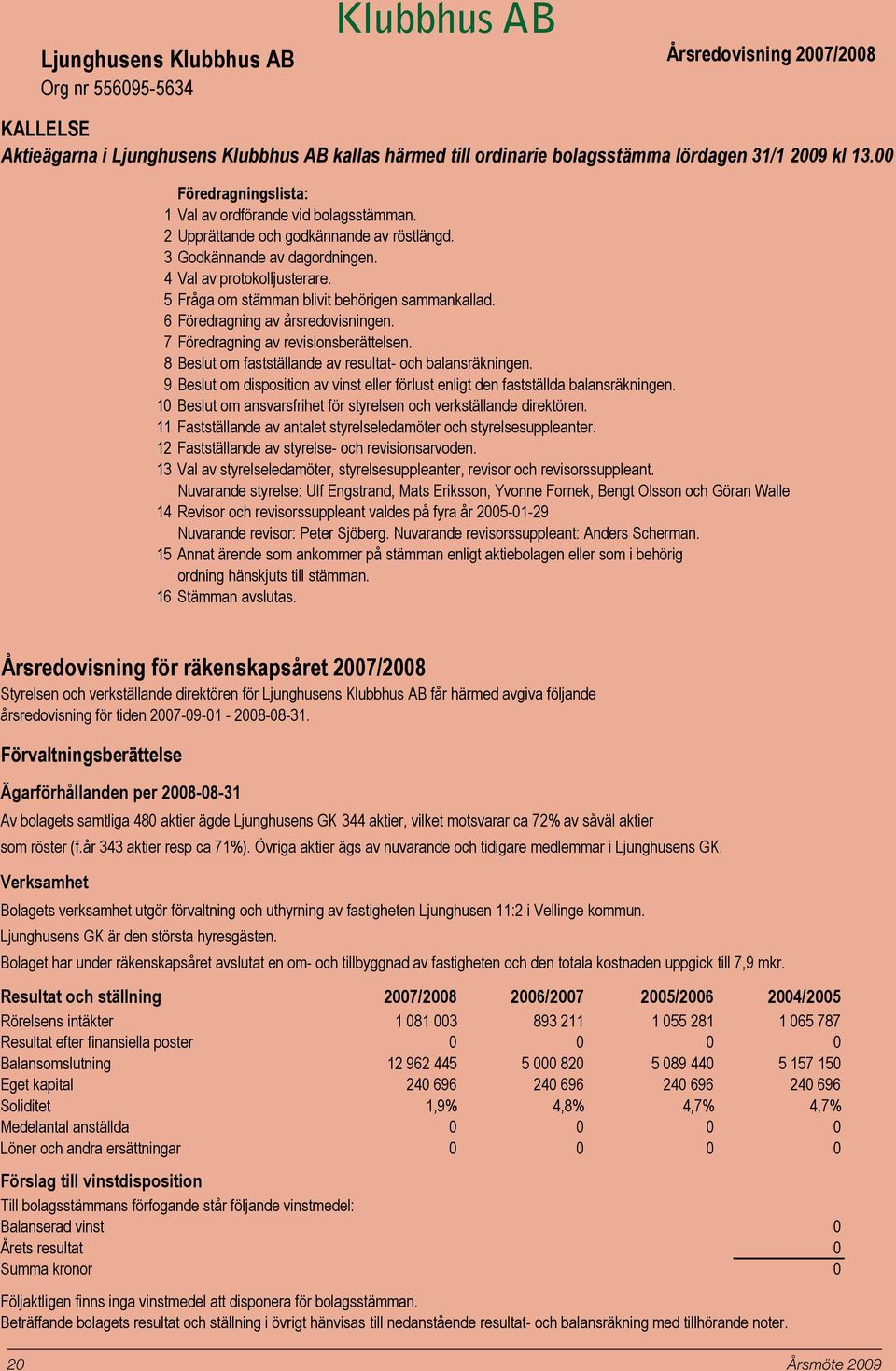 5 Fråga om stämman blivit behörigen sammankallad. 6 Föredragning av årsredovisningen. 7 Föredragning av revisionsberättelsen. 8 Beslut om fastställande av resultat- och balansräkningen.