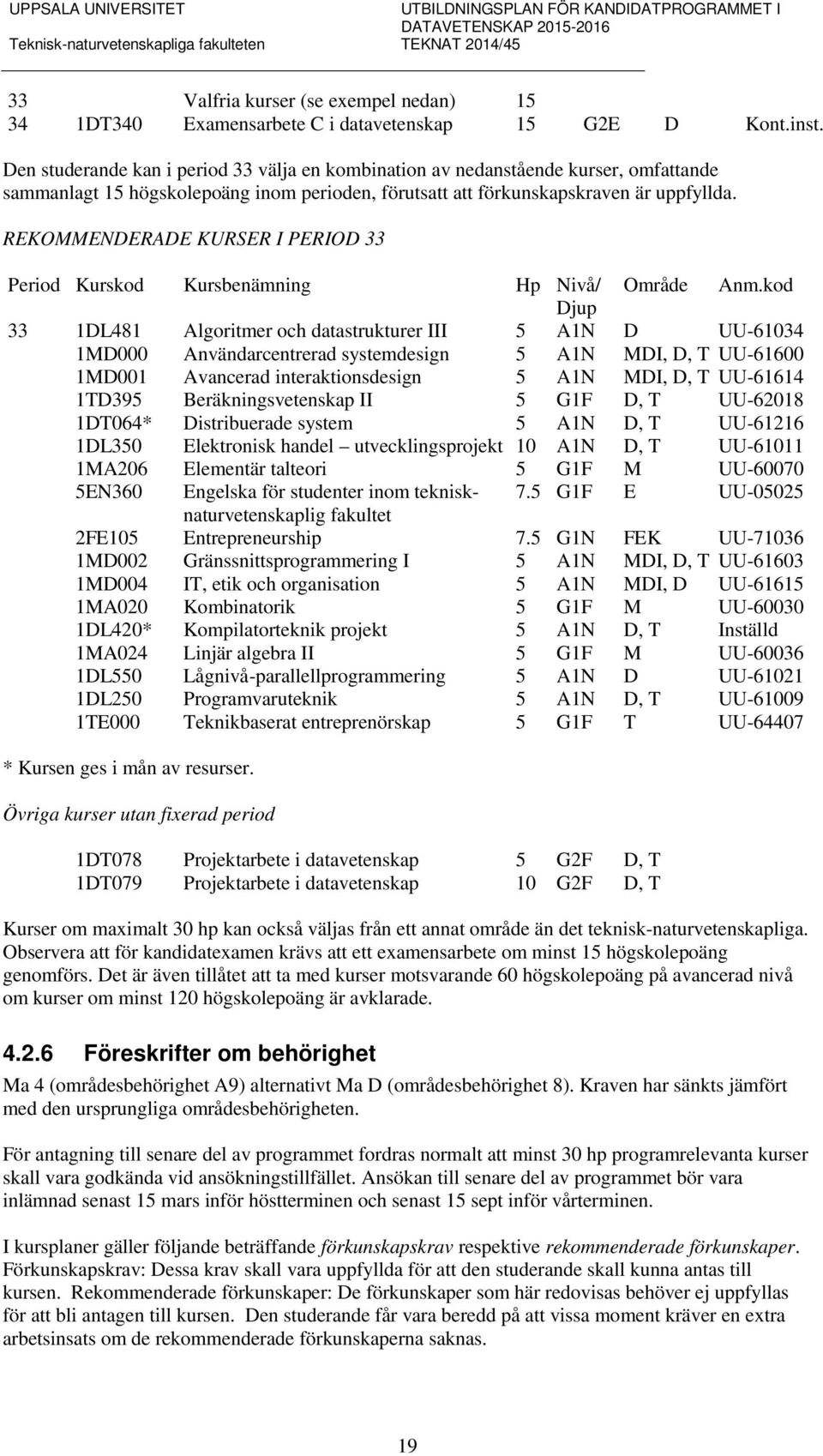 REKOMMENDERADE KURSER I PERIOD 33 Period Kurskod Kursbenämning Hp Nivå/ Område Anm.