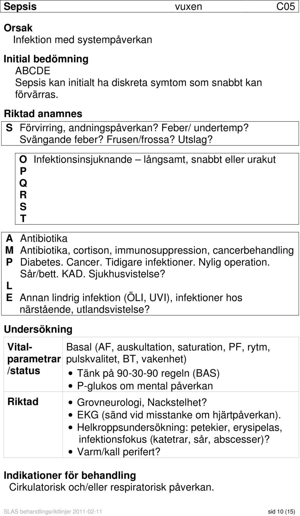 O Infektionsinsjuknande långsamt, snabbt eller urakut P Q R S T A Antibiotika M Antibiotika, cortison, immunosuppression, cancerbehandling P Diabetes. Cancer. Tidigare infektioner. Nylig operation.