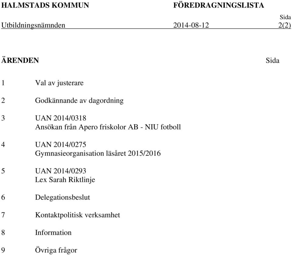 AB - NIU fotboll 4 UAN 2014/0275 Gymnasieorganisation läsåret 2015/2016 5 UAN 2014/0293 Lex