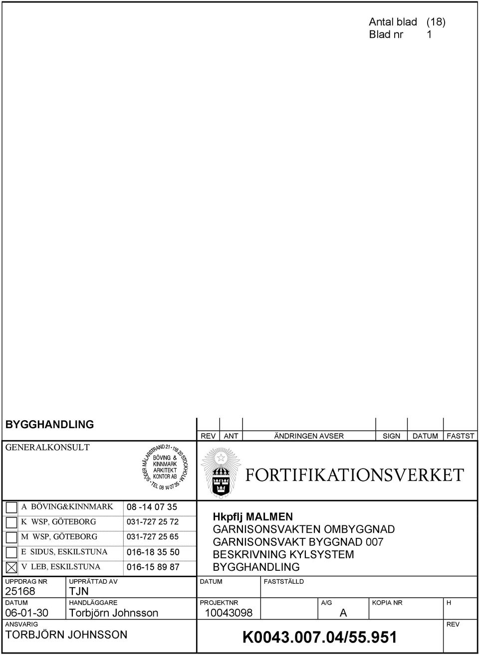 GARNISONSVAKTEN OMBYGGNAD GARNISONSVAKT BYGGNAD 007 BESKRIVNING KYLSYSTEM BYGGHANDLING UPPDRAG NR UPPRÄTTAD AV DATUM FASTSTÄLLD 25168