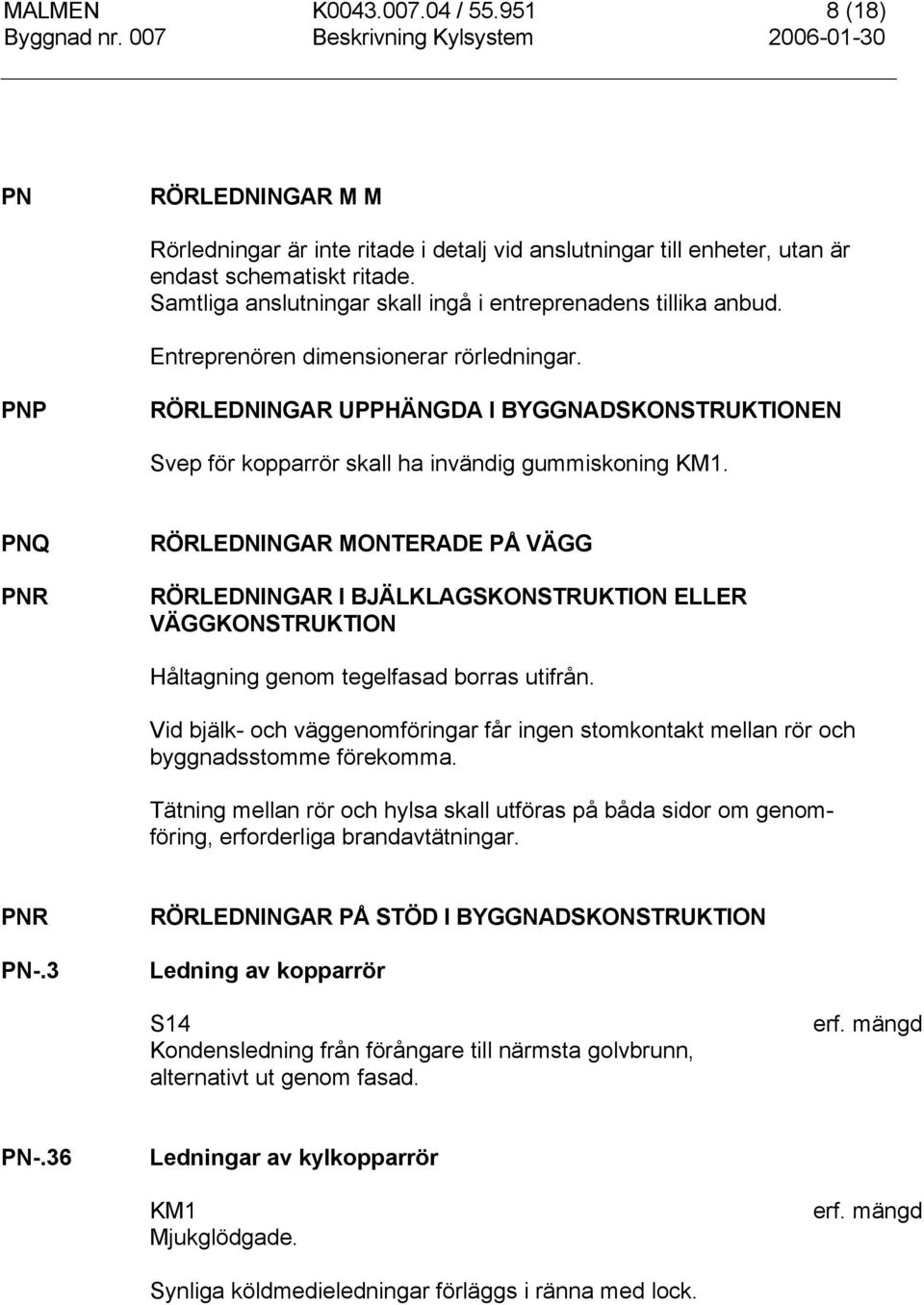 PNP RÖRLEDNINGAR UPPHÄNGDA I BYGGNADSKONSTRUKTIONEN Svep för kopparrör skall ha invändig gummiskoning KM1.