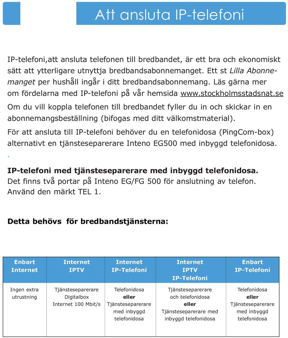 se Om du vill koppla telefonen till bredbandet fyller du in och skickar in en abonnemangsbeställning (bifogas med ditt välkomstmaterial).