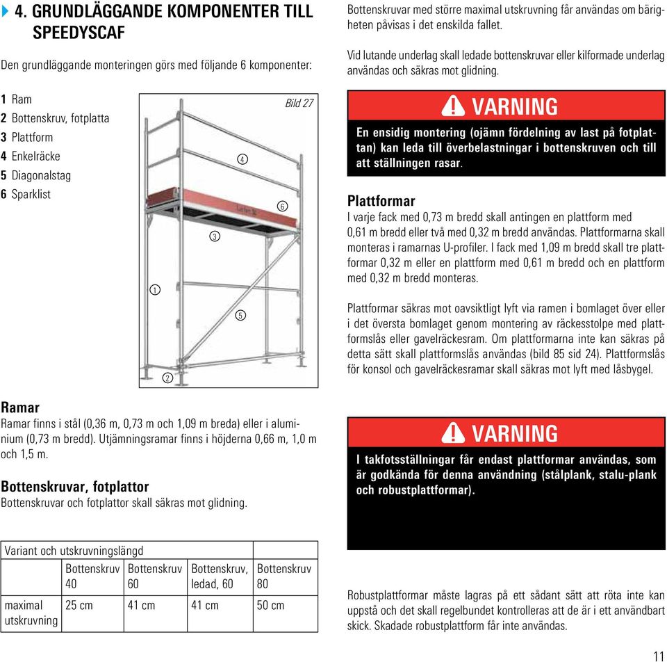 1 Ram 2 Bottenskruv, fotplatta 3 Plattform 4 Enkelräcke 5 Diagonalstag 4 Bild 27 Varning En ensidig montering (ojämn fördelning av last på fotplattan) kan leda till överbelastningar i bottenskruven