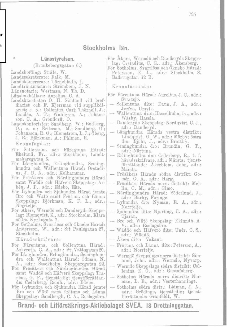 N. Kronolänsmän: Länsnotarie: Westman, N. Th. D. Länsbokbillara: Aurelius, C. A. För Färentuna Härad: Aurelius, J. C., adr.: Landskanslister: O. W. Simlund vid bref- Svartsjö. diariet och F.