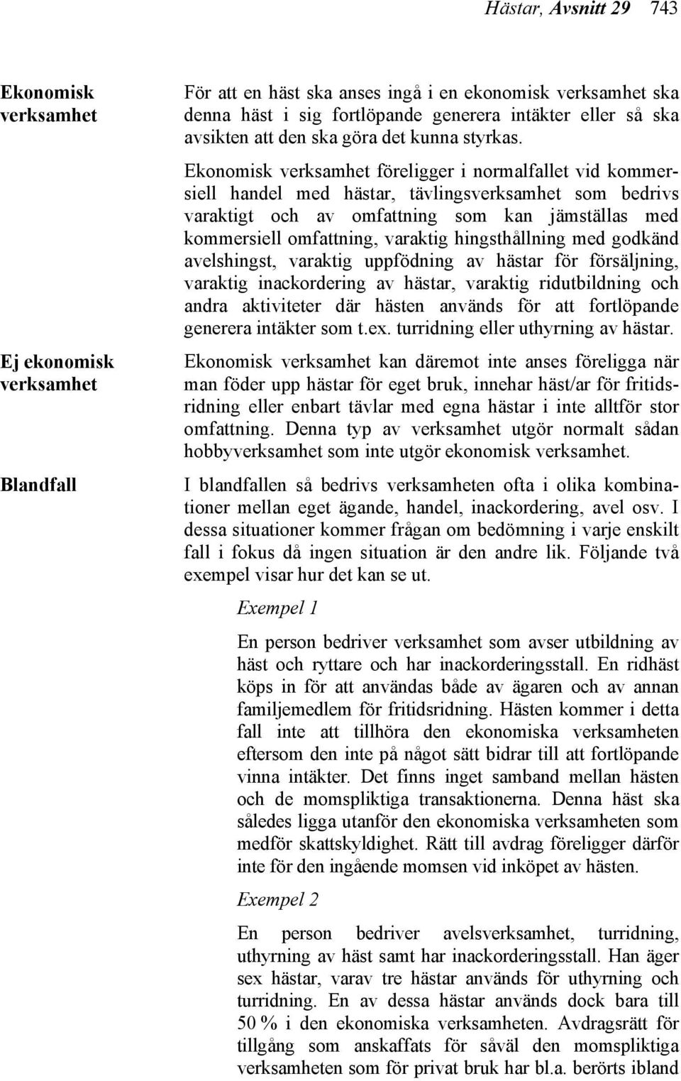 Ekonomisk verksamhet föreligger i normalfallet vid kommersiell handel med hästar, tävlingsverksamhet som bedrivs varaktigt och av omfattning som kan jämställas med kommersiell omfattning, varaktig