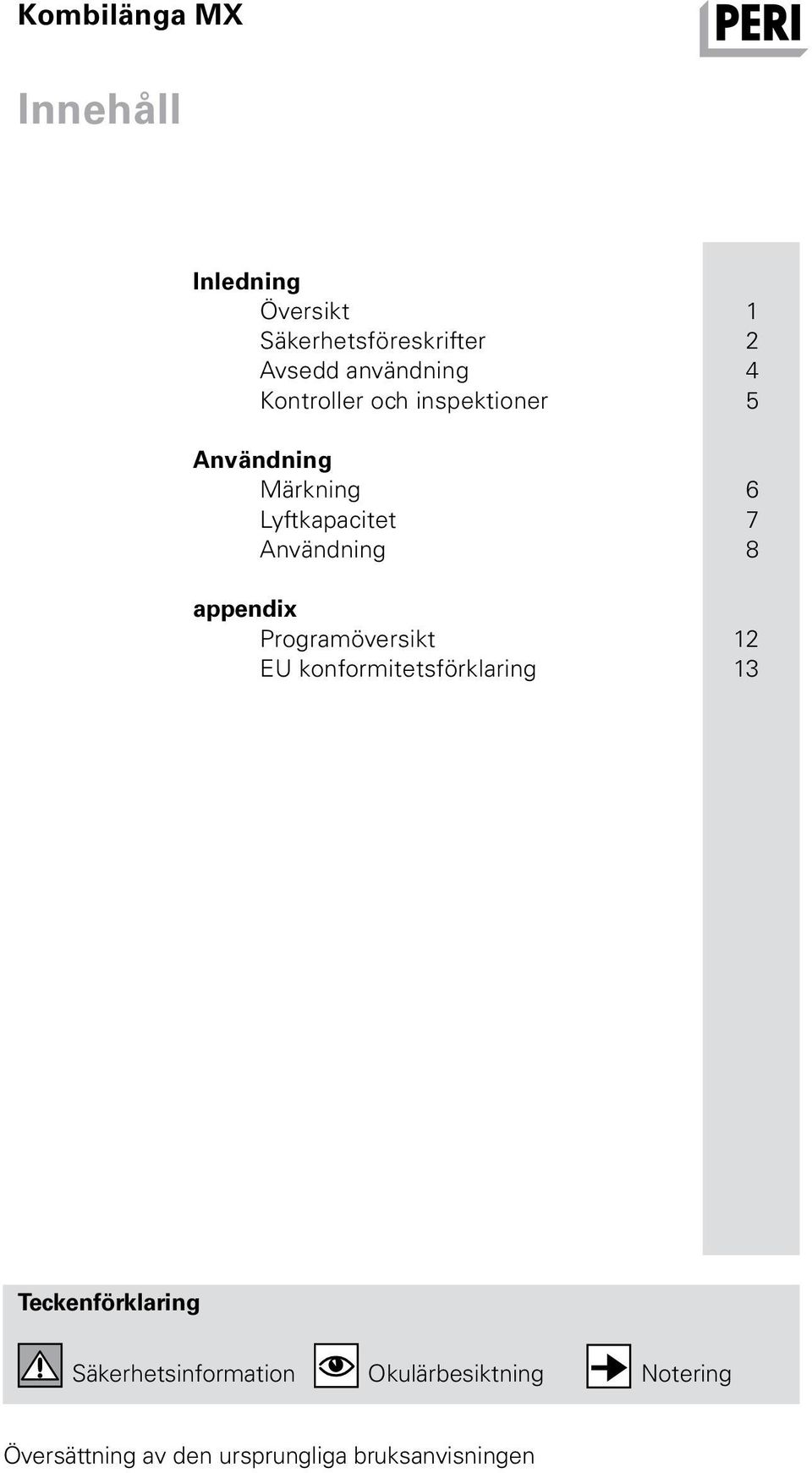 Lyftkapacitet 7 Användning 8 appendix Programöversikt 12 EU