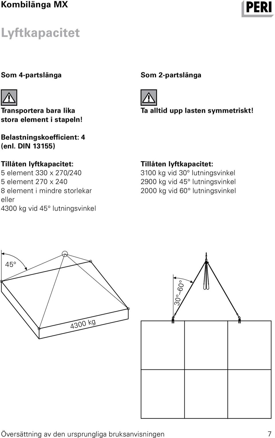 DIN 13155) Tillåten lyftkapacitet: 5 element 330 x 270/240 5 element 270 x 240 8 element i mindre storlekar