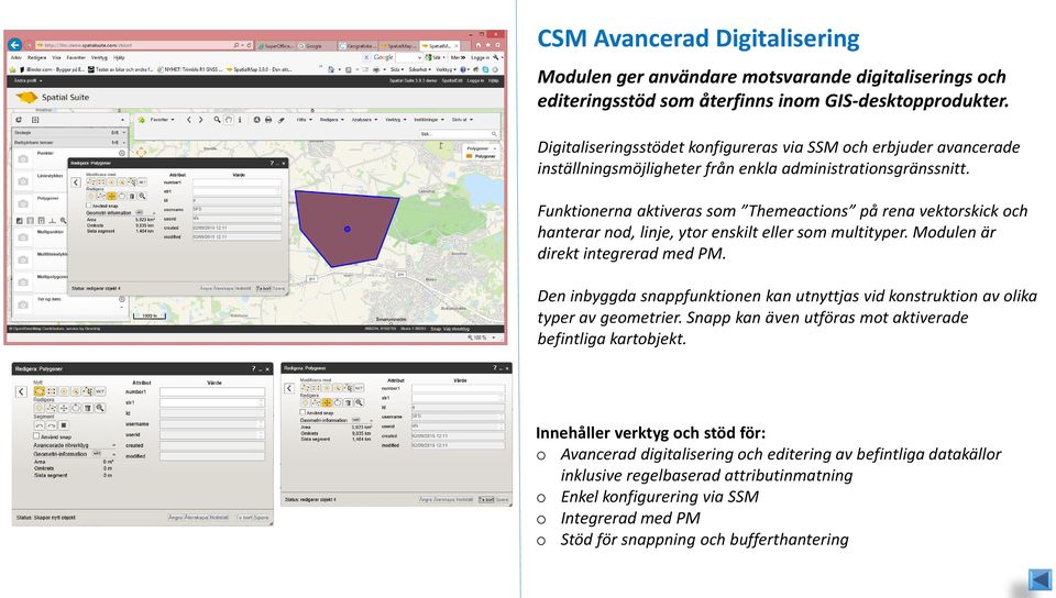 Funktionerna aktiveras som Themeactions på rena vektorskick och hanterar nod, linje, ytor enskilt eller som multityper. Modulen är direkt integrerad med PM.