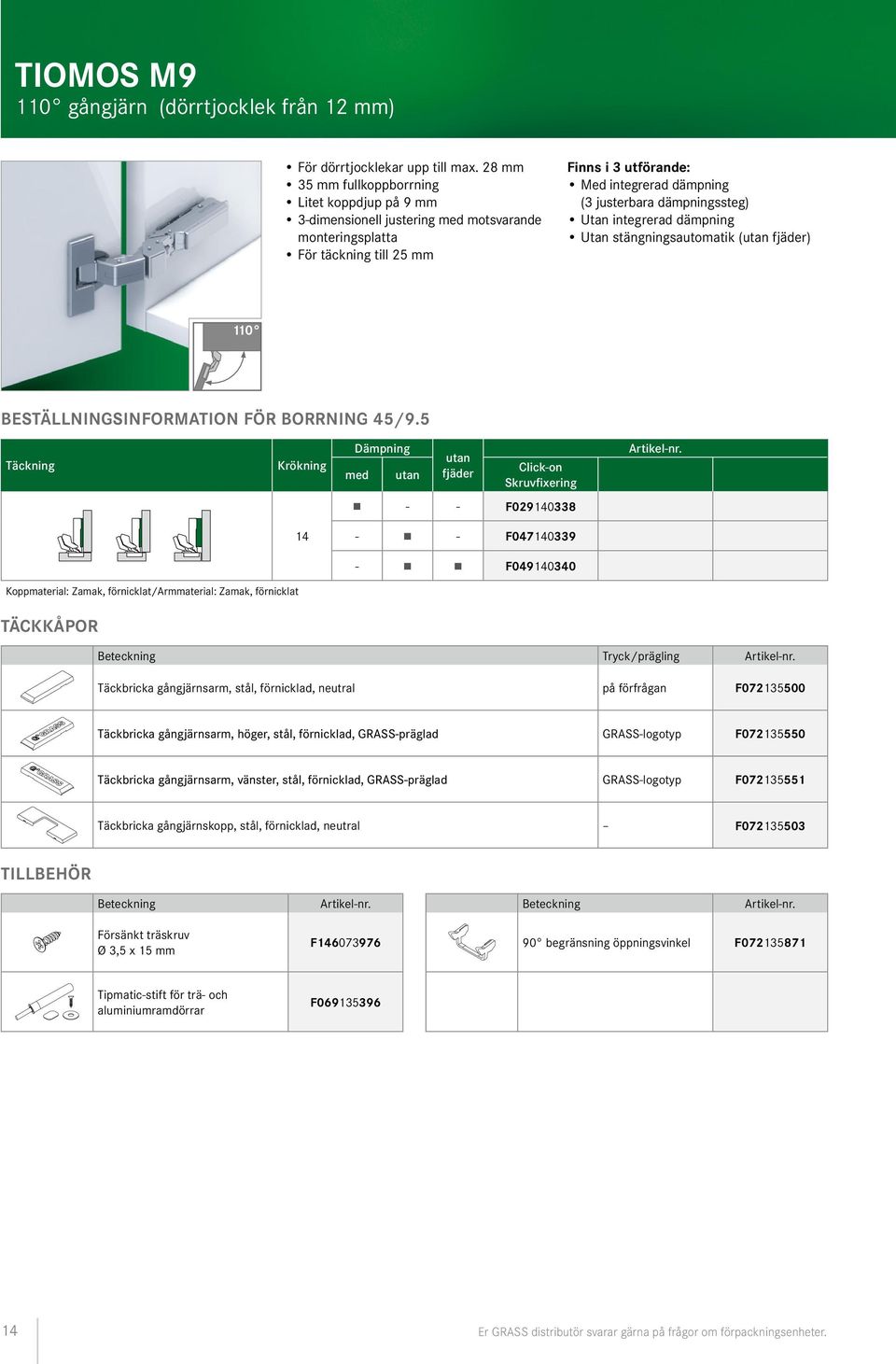 dämpningssteg) Utan integrerad dämpning Utan stängningsautomatik (utan fjäder) 110 BESTÄLLNINGSINORMTION ÖR BORRNING 45/9.