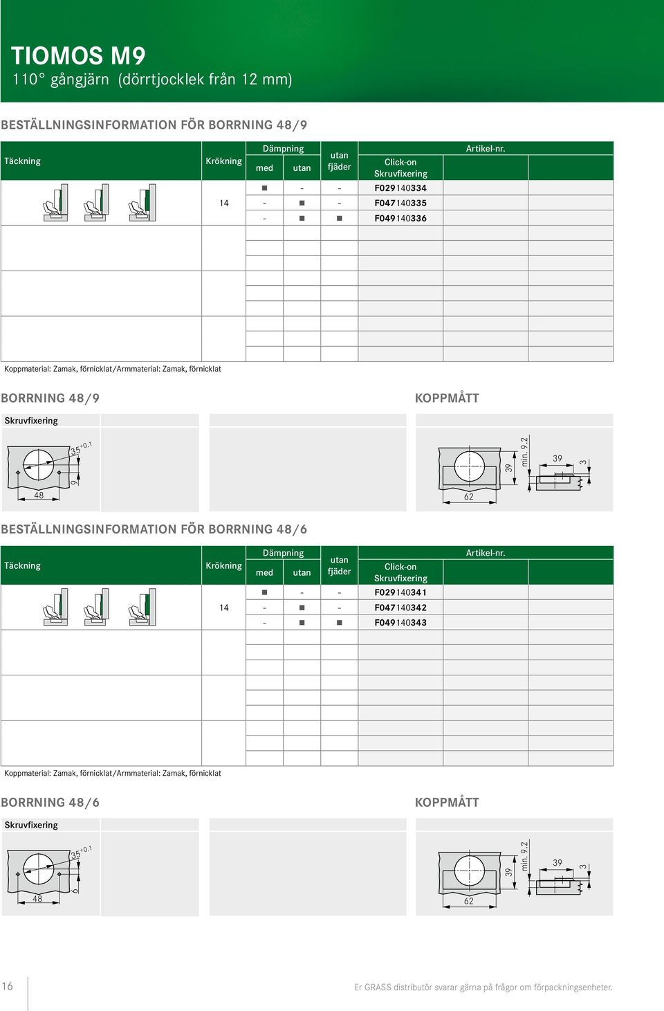 2 48 9 62 BESTÄLLNINGSINORMTION ÖR BORRNING 48/6 Täckning nsicht Krökning 14 Dämpning med utan utan fjäder Click-on Skruvfixering - - 029140341 - - 047140342-049140343 rtikel-nr.