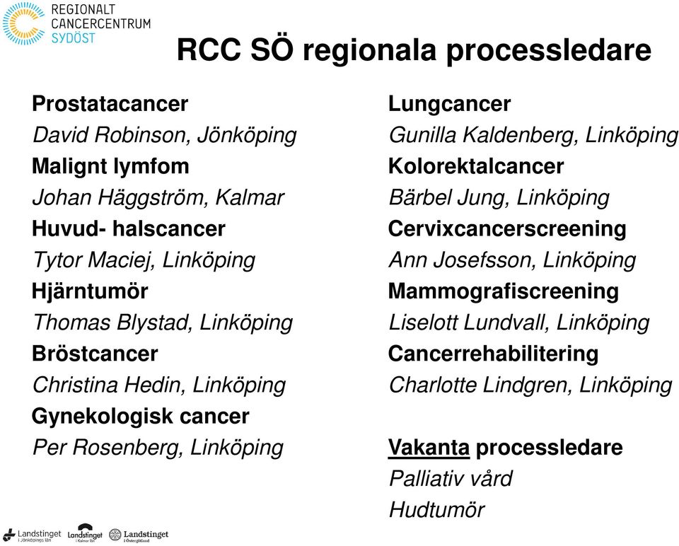 Linköping Lungcancer Gunilla Kaldenberg, Linköping Kolorektalcancer Bärbel Jung, Linköping Cervixcancerscreening Ann Josefsson,