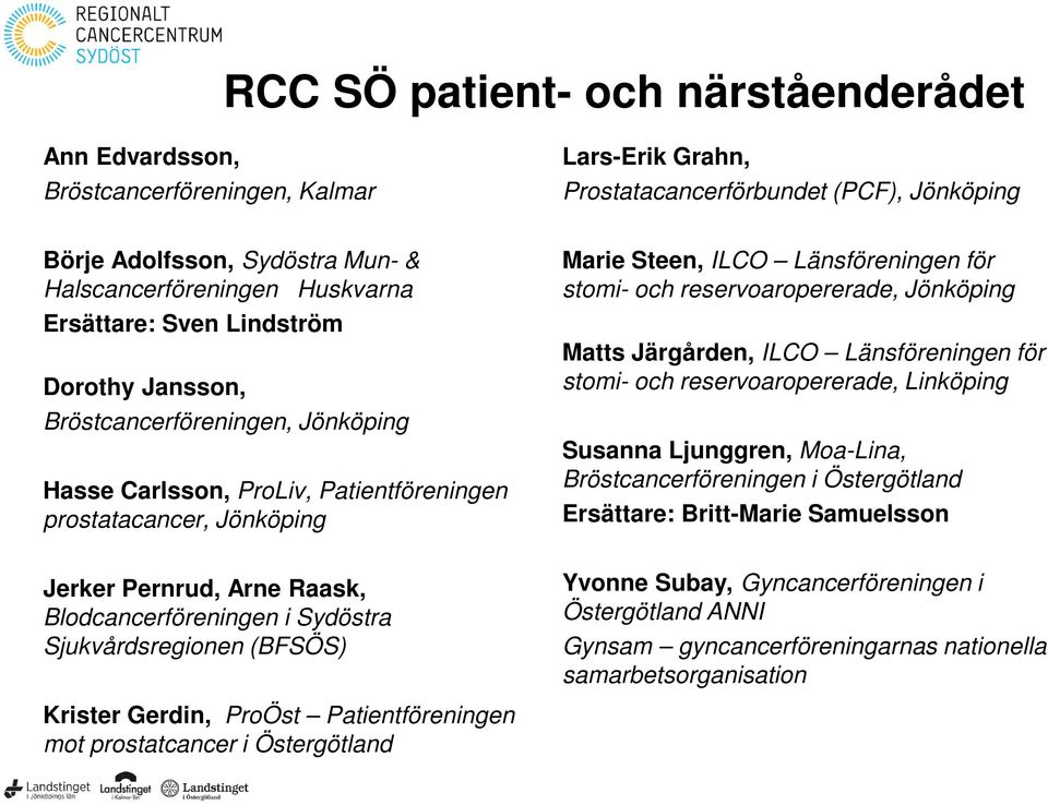 och reservoaropererade, Jönköping Matts Järgården, ILCO Länsföreningen för stomi- och reservoaropererade, Linköping Susanna Ljunggren, Moa-Lina, Bröstcancerföreningen i Östergötland Ersättare: