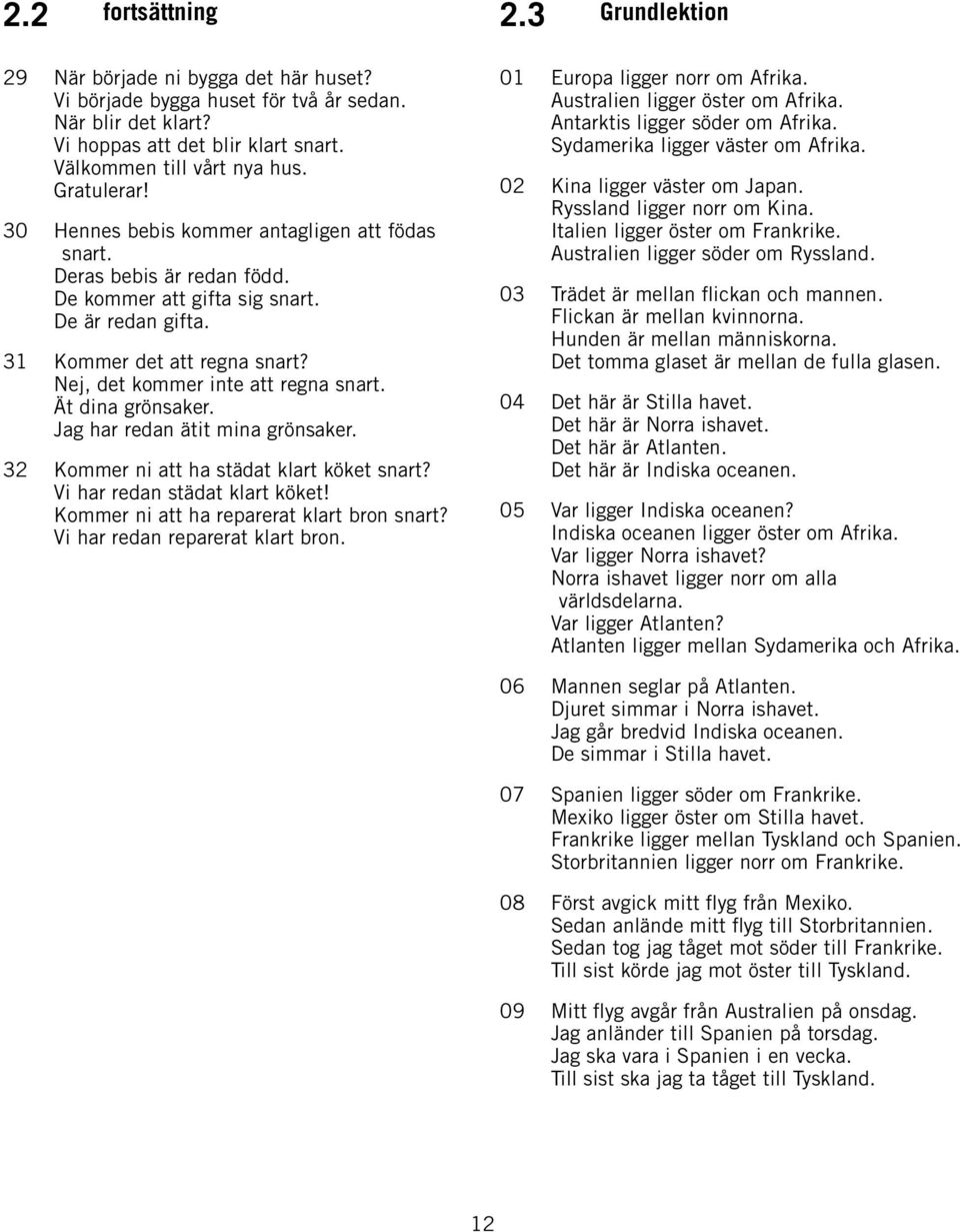 Ät dina grönsaker. Jag har redan ätit mina grönsaker. 32 Kommer ni att ha städat klart köket snart? Vi har redan städat klart köket! Kommer ni att ha reparerat klart bron snart?