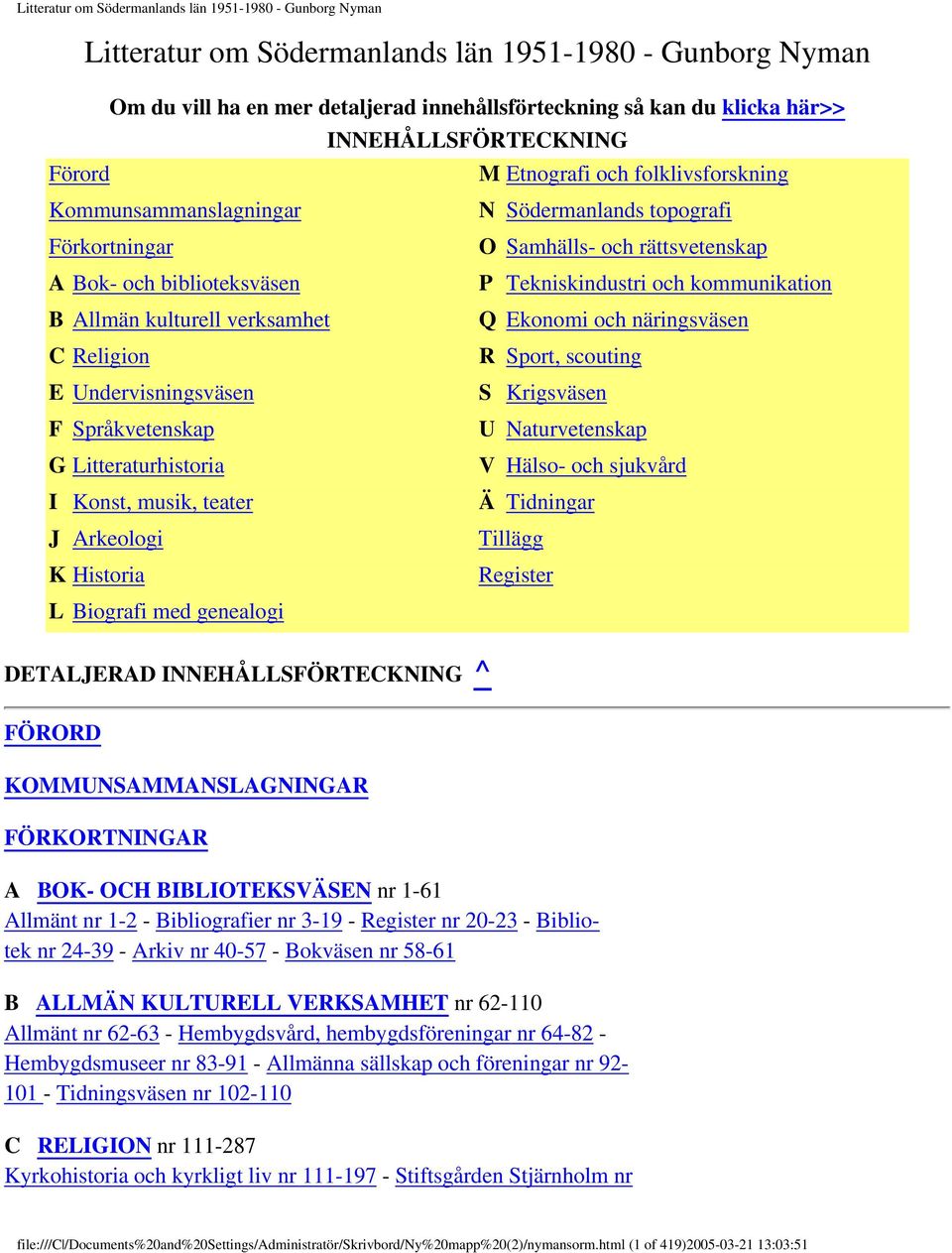 och näringsväsen C Religion R Sport, scouting E Undervisningsväsen S Krigsväsen F Språkvetenskap U Naturvetenskap G Litteraturhistoria V Hälso- och sjukvård I Konst, musik, teater Ä Tidningar J