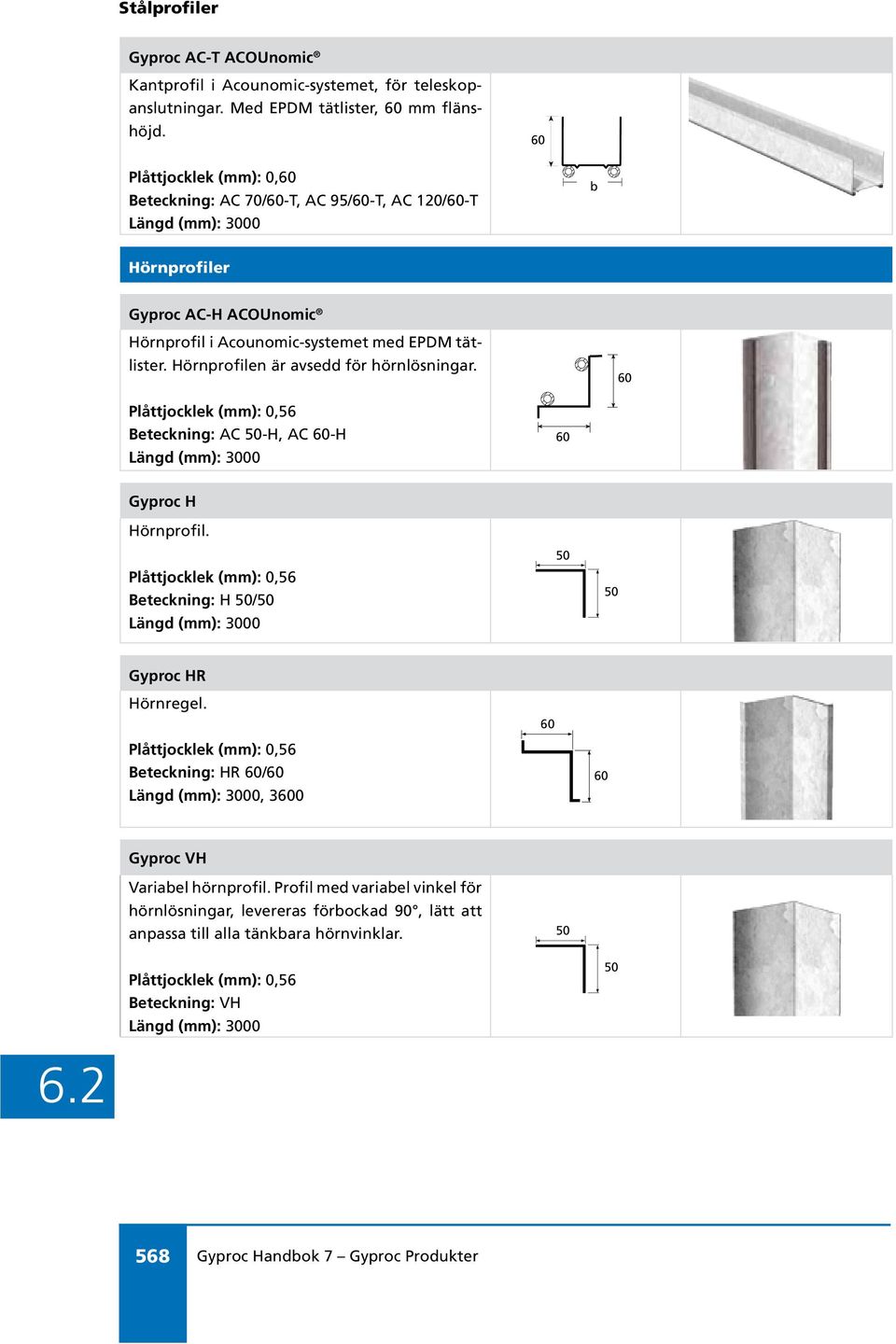 Hörnprofilen är avsedd för hörnlösningar. 60 Beteckning: AC 50-H, AC 60-H 60 Gyproc H Hörnprofil. Beteckning: H 50/50 50 50 Gyproc HR Hörnregel.