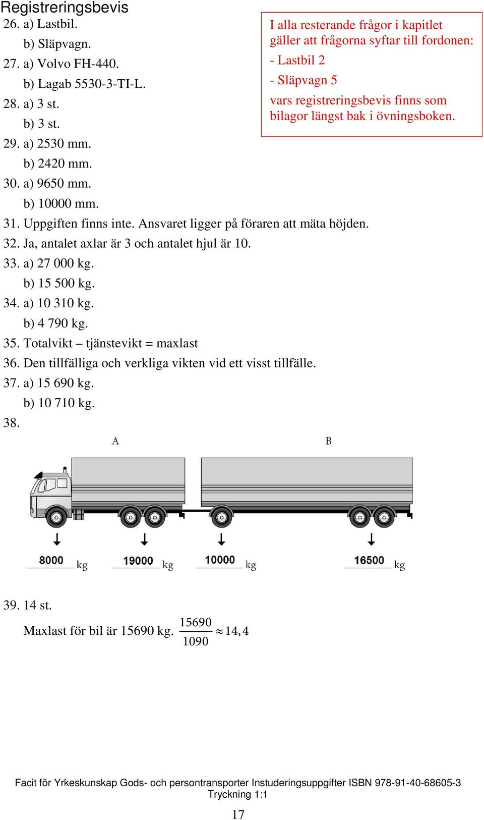 35. Totalvikt tjänstevikt = maxlast 36. Den tillfälliga och verkliga vikten vid ett visst tillfälle. 37. a) 15 690 kg. b) 10 710 kg. 38.