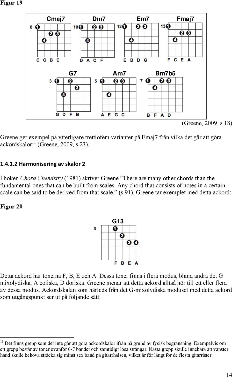 Any chord that consists of notes in a certain scale can be said to be derived from that scale. (s 91). Greene tar exemlet med detta ackord: Figur 20 G13 Detta ackord har tonerna F, B, E och A.