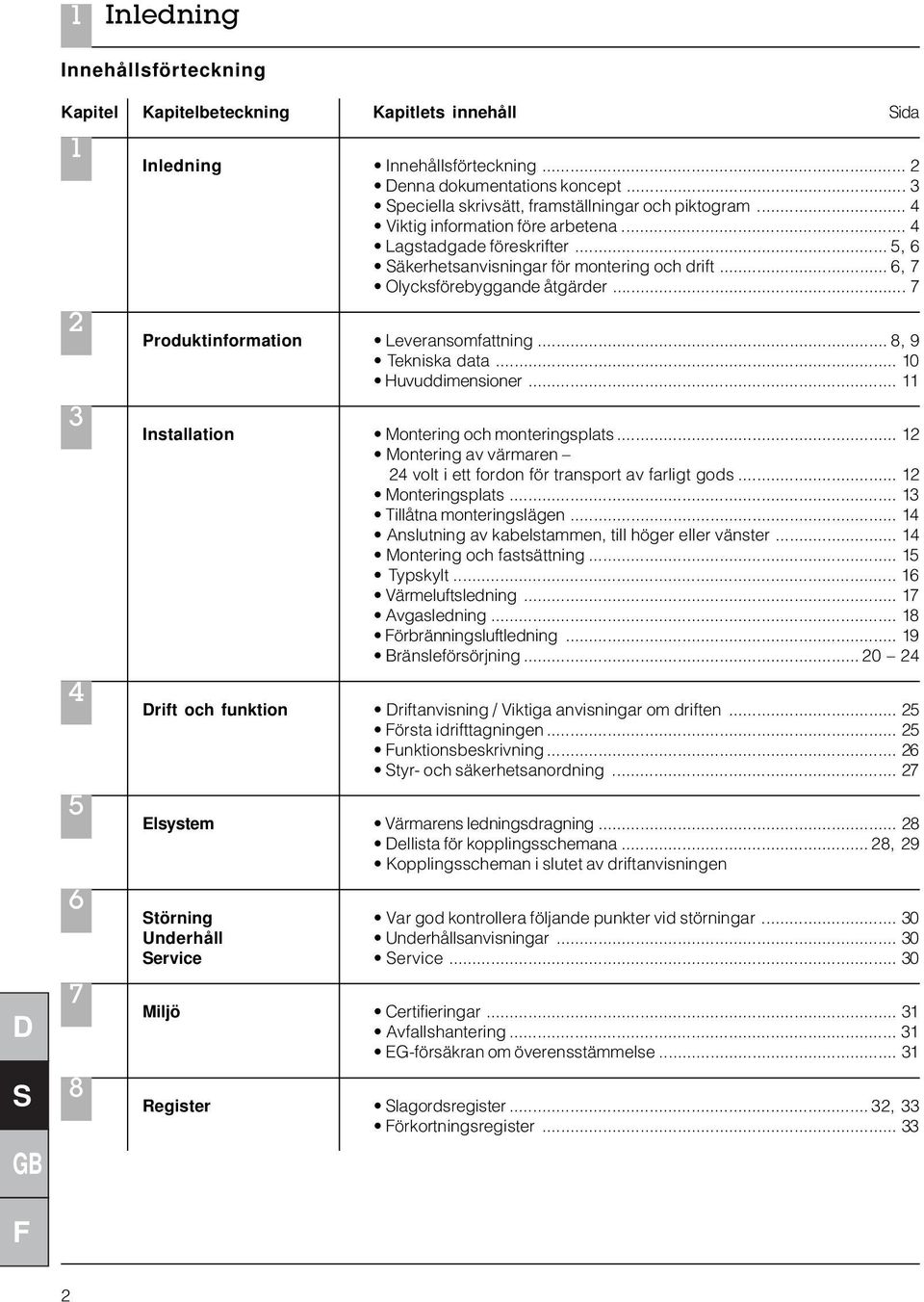 .. 6, 7 Olycksförebyggande åtgärder... 7 Produktinformation Leveransomfattning... 8, 9 Tekniska data... 10 Huvuddimensioner... 11 Installation Montering och monteringsplats.