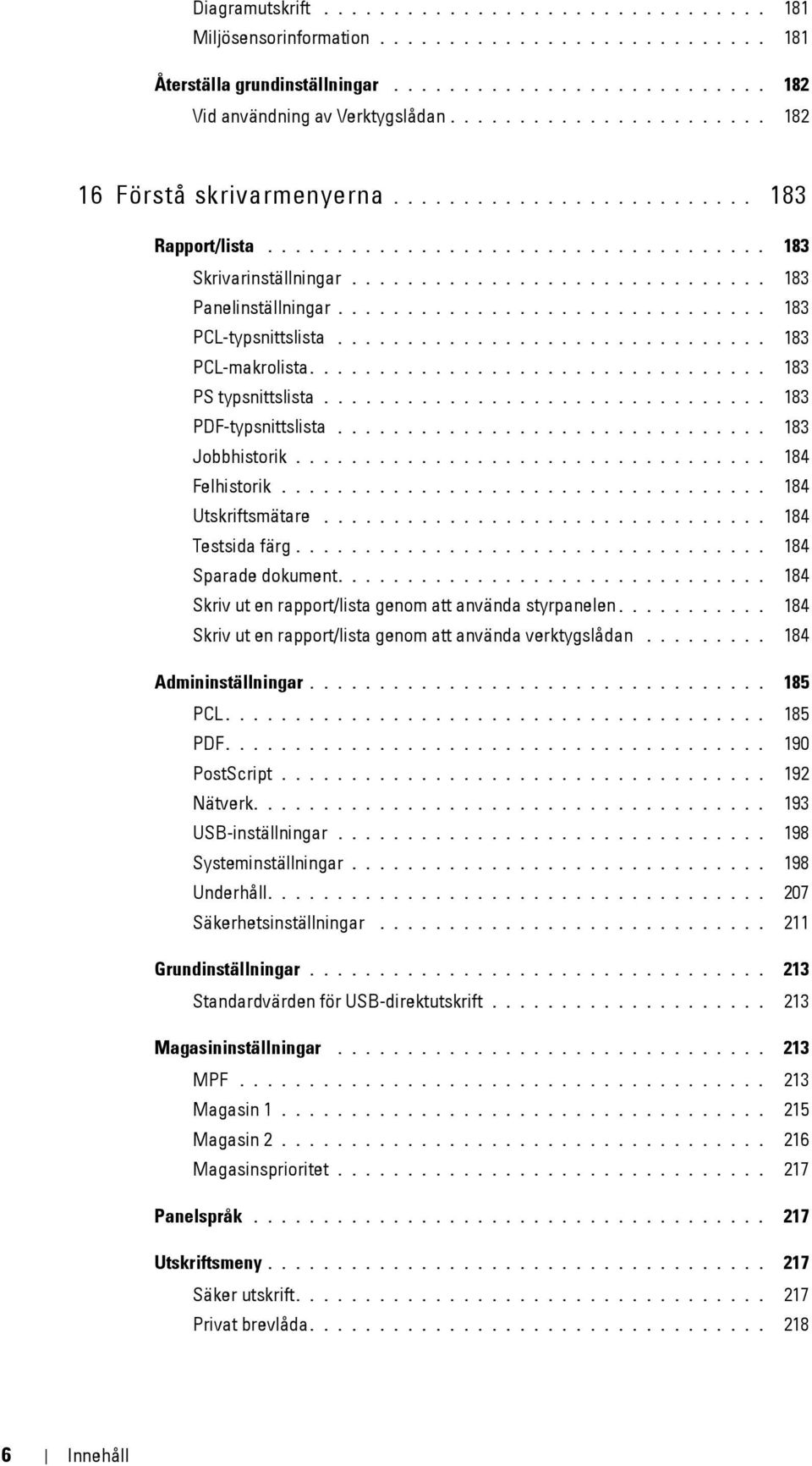 .............................. 183 PCL-typsnittslista............................... 183 PCL-makrolista................................. 183 PS typsnittslista................................ 183 PDF-typsnittslista.