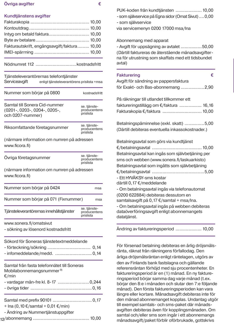 ..kostnadsfritt Tjänsteleverantörernas telefontjänster Serviceavgift enligt tjänsteleverantörens prislista +msa Nummer som börjar på 0800 Samtal till Sonera Cid-nummer (0201-, 0203-, 0204-, 0205-,