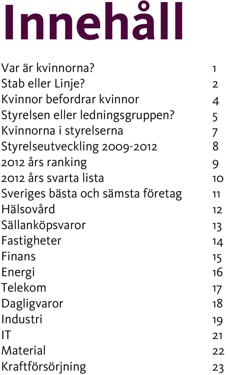 5 vinnorna i styrelserna 7 Styrelseutveckling 2009-2012 8 2012 års ranking 9 2012 års svarta