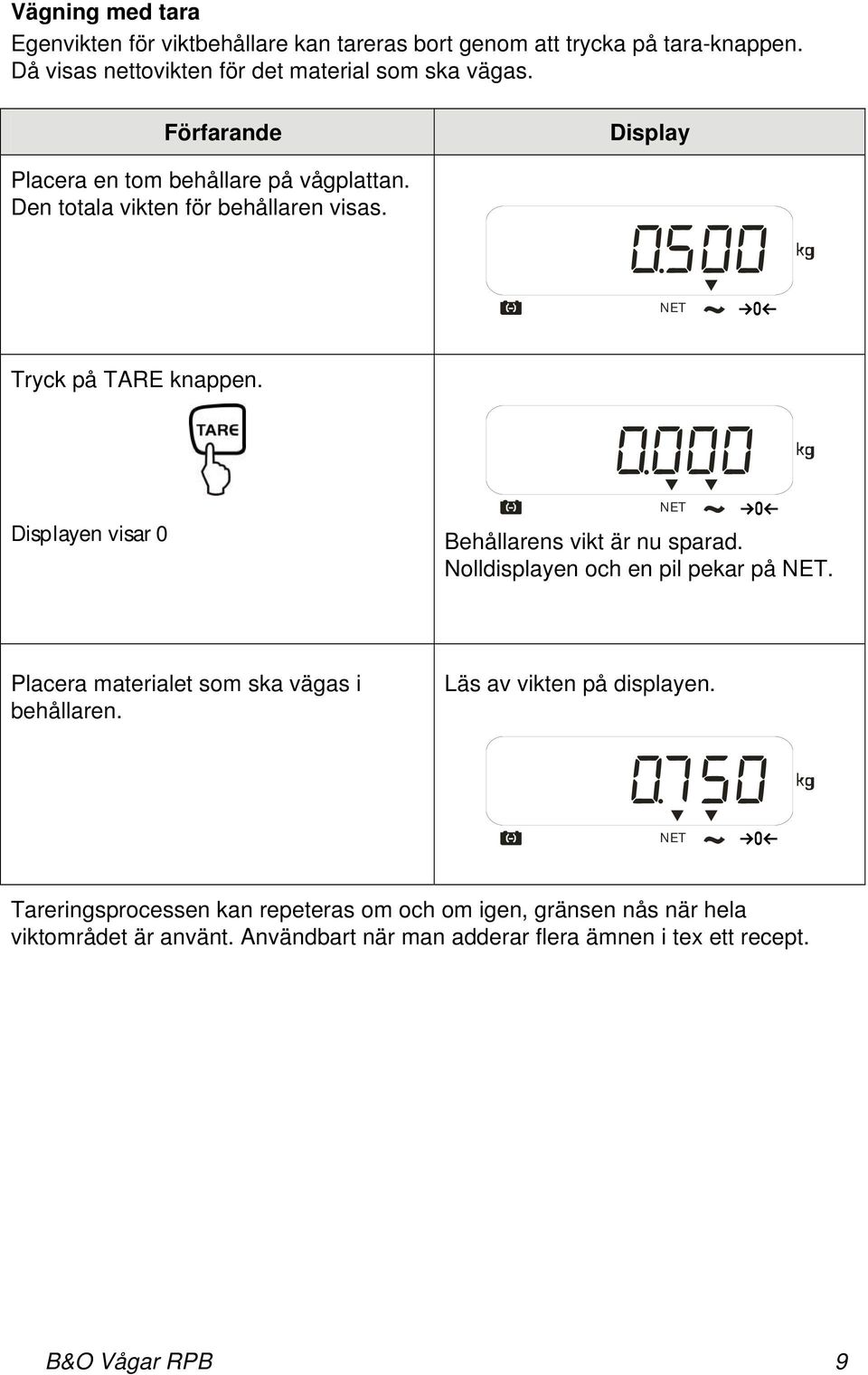 NET Tryck på TARE knappen. en visar 0 NET Behållarens vikt är nu sparad. Nolldisplayen och en pil pekar på NET.