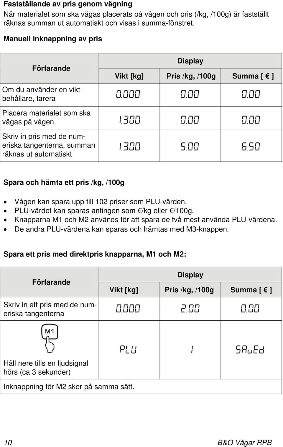 räknas ut automatiskt Spara och hämta ett pris /kg, /100g Vågen kan spara upp till 102 priser som PLU-värden. PLU-värdet kan sparas antingen som /kg eller /100g.