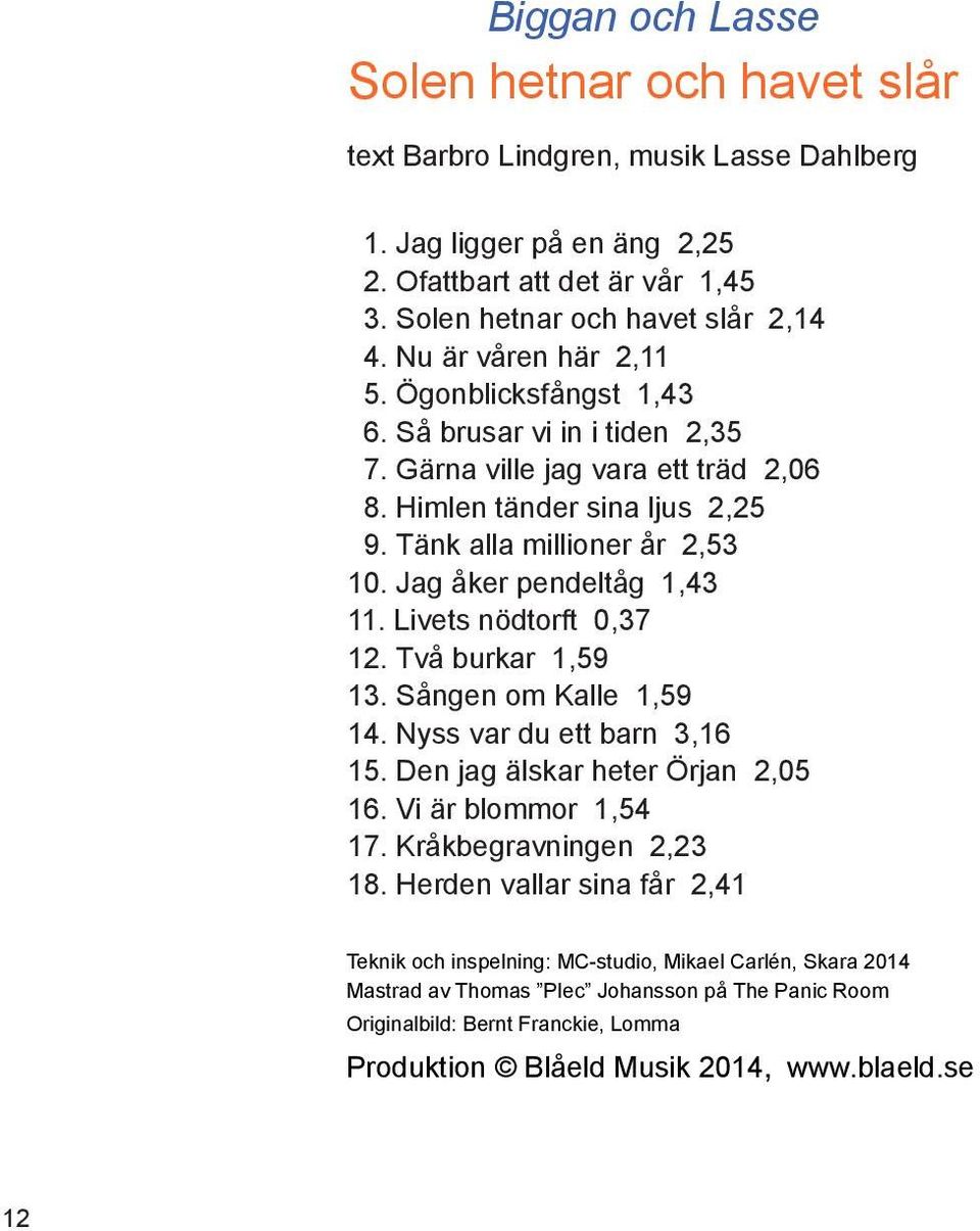 Jag åker pendeltåg 1,43 11. Livets nödtorft 0,37 12. Två burkar 1,59 13. Sången om Kalle 1,59 14. Nyss var du ett barn 3,16 15. Den jag älskar heter Örjan 2,05 16. Vi är blommor 1,54 17.