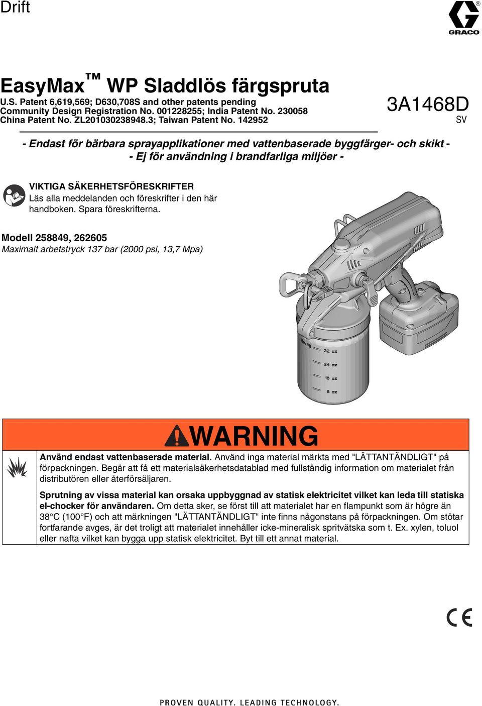 142952 3A1468D SV - Endast för bärbara sprayapplikationer med vattenbaserade byggfärger- och skikt - - Ej för användning i brandfarliga miljöer - VIKTIGA SÄKERHETSFÖRESKRIFTER Läs alla meddelanden