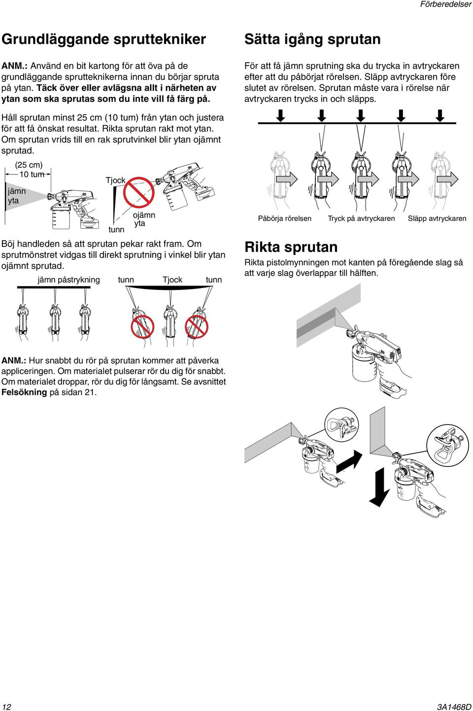 Rikta sprutan rakt mot ytan. Om sprutan vrids till en rak sprutvinkel blir ytan ojämnt sprutad. (25 cm) 10 tum Tjock jämn yta tunn ojämn yta ti14780a Böj handleden så att sprutan pekar rakt fram.