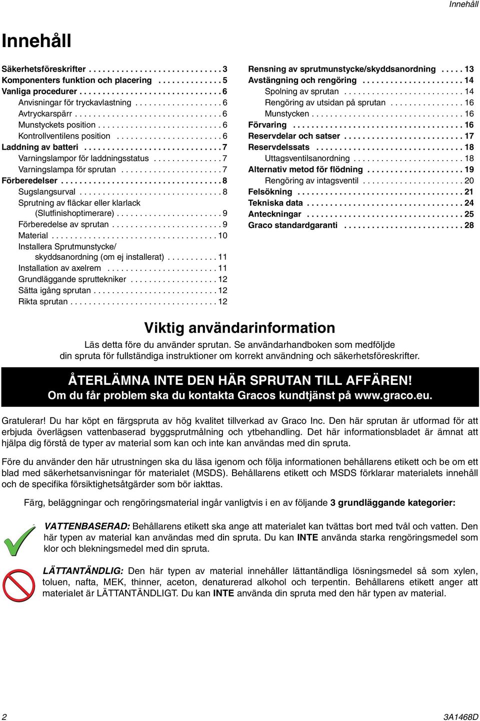 ............................. 7 Varningslampor för laddningsstatus............... 7 Varningslampa för sprutan...................... 7 Förberedelser................................... 8 Sugslangsurval.