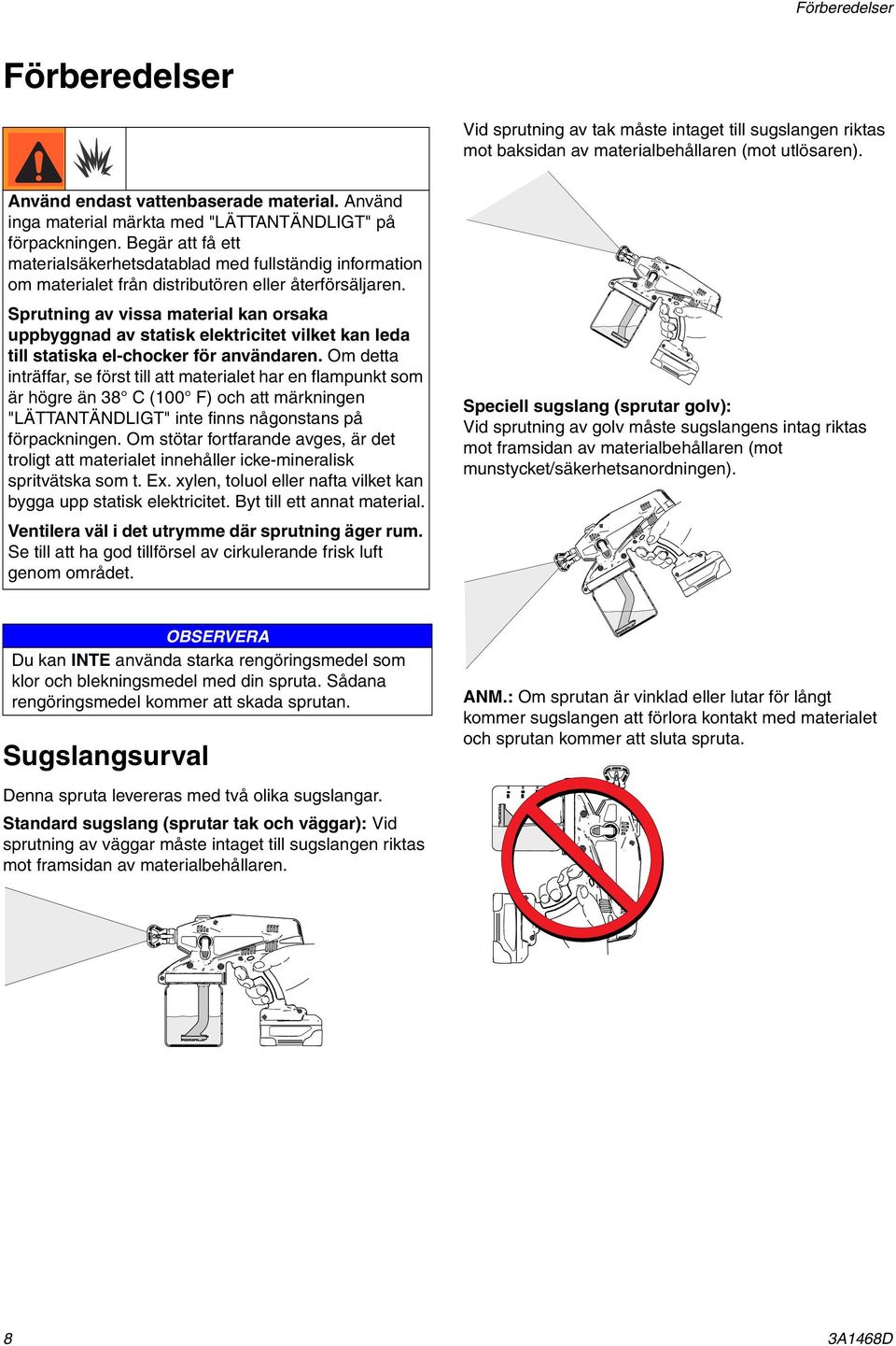 Sprutning av vissa material kan orsaka uppbyggnad av statisk elektricitet vilket kan leda till statiska el-chocker för användaren.