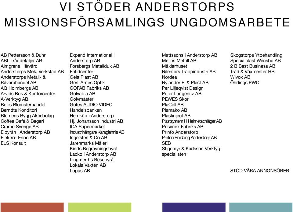 Sverige AB Elbyrån i Anderstorp AB Elektro- Enoc AB ELS Konsult Expand International i Anderstorp AB Forsbergs Metallduk AB Fritidcenter Gela Plast AB Gert-Arnes Optik GOFAB Fabriks AB Golvabia AB