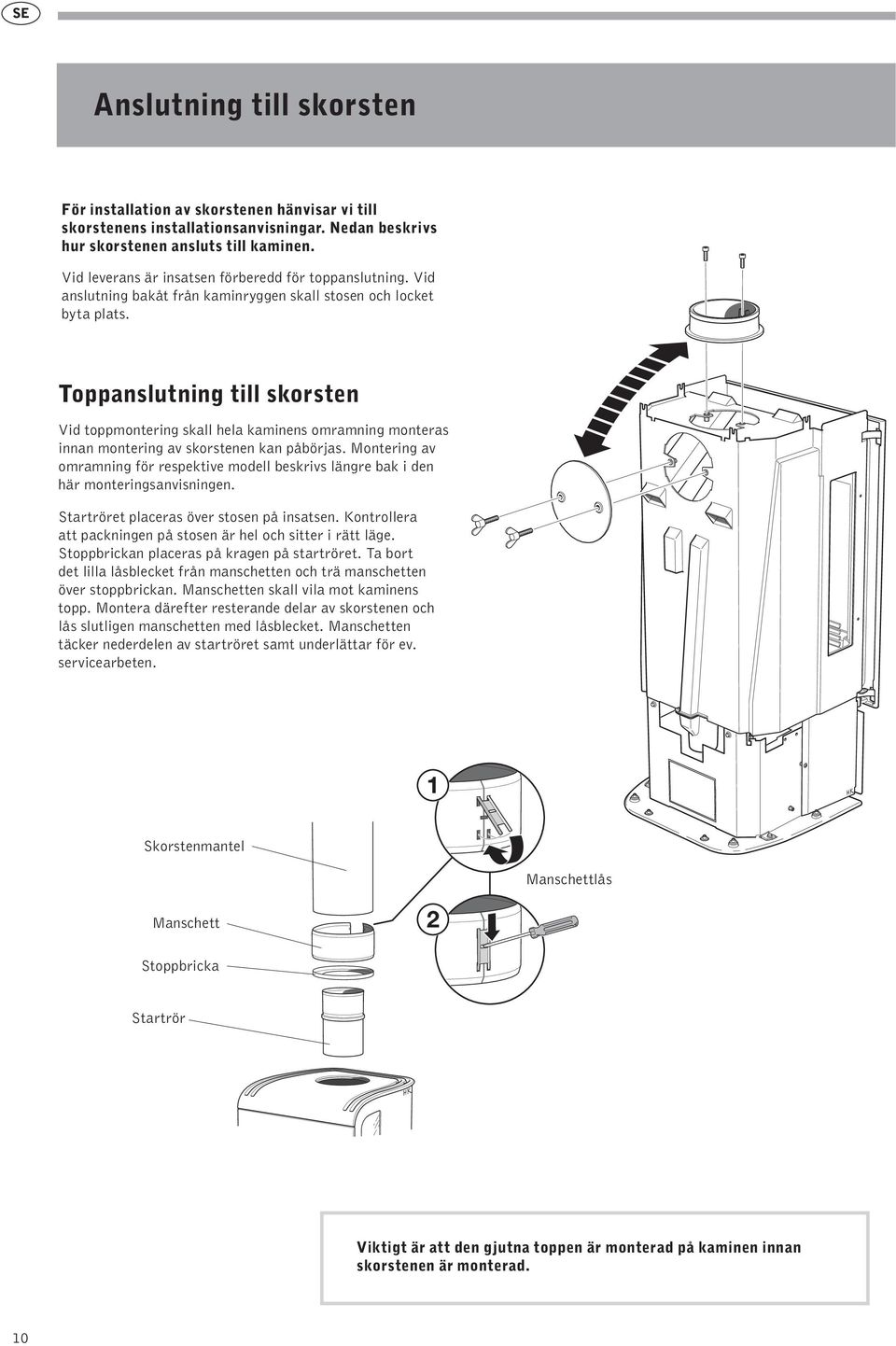 Toppanslutning till skorsten Vid toppmontering skall hela kaminens omramning monteras innan montering av skorstenen kan påbörjas.