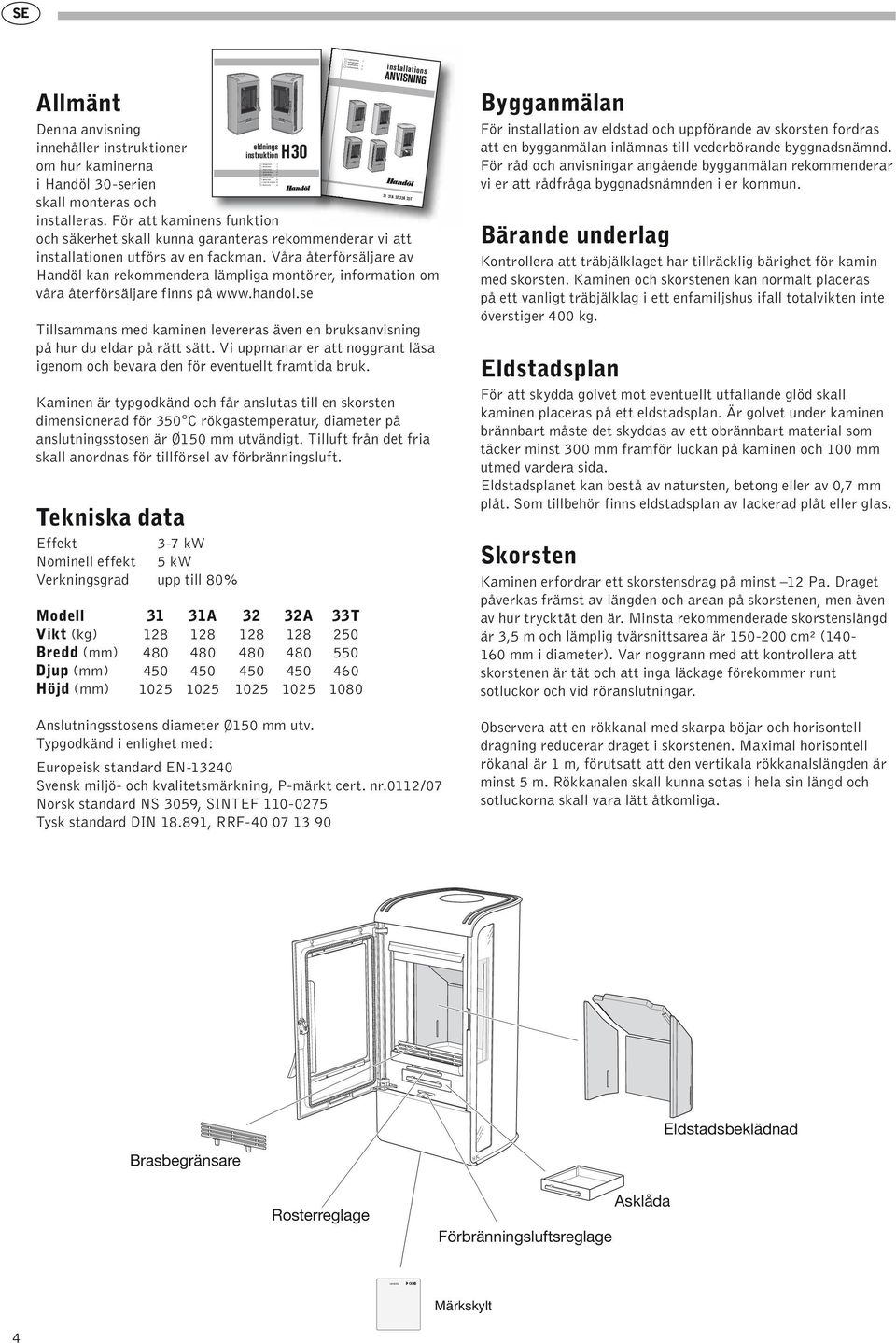 För att kaminens funktion eldnings instruktion H 30 installations ANVISNING 31 31A 32 32A 33T och säkerhet skall kunna garanteras rekommenderar vi att installationen utförs av en fackman.