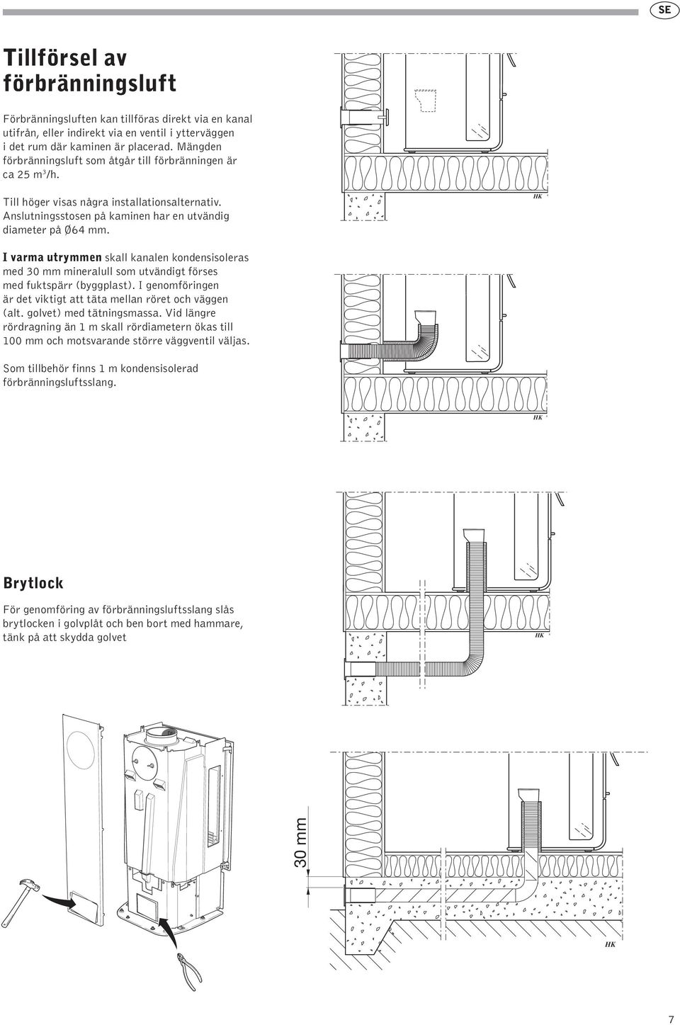 HK I varma utrymmen skall kanalen kondensisoleras med 30 mm mineralull som utvändigt förses med fuktspärr (byggplast). I genomföringen är det viktigt att täta mellan röret och väggen (alt.