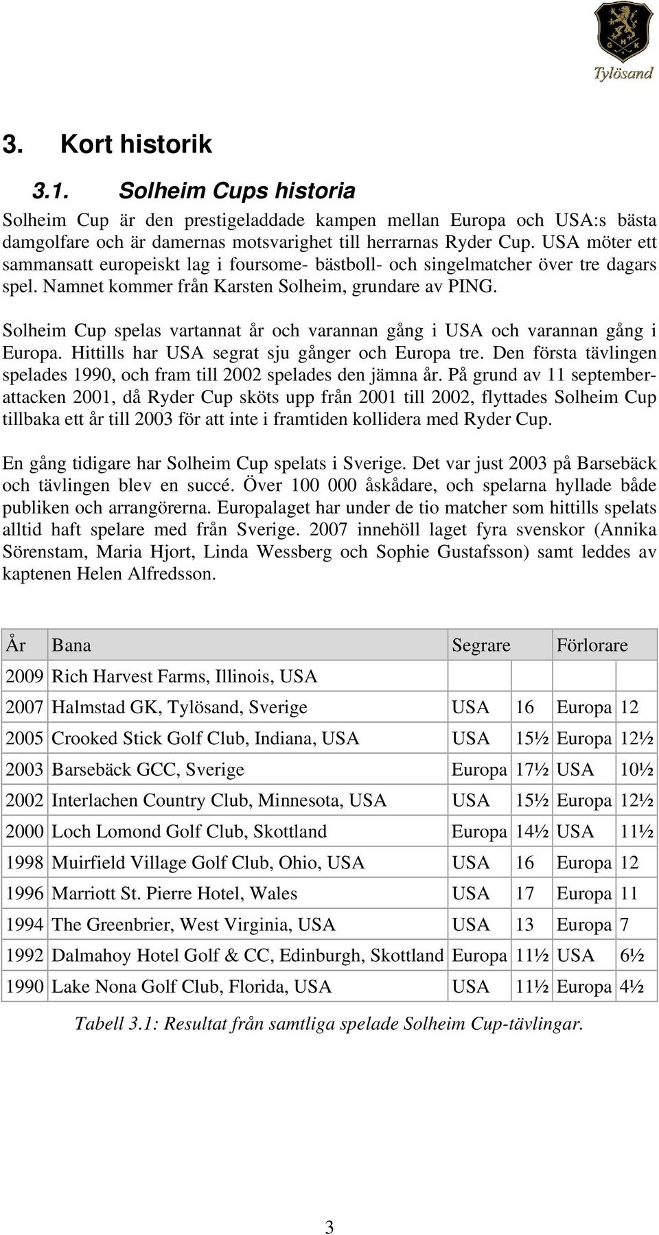 Solheim Cup spelas vartannat år och varannan gång i USA och varannan gång i Europa. Hittills har USA segrat sju gånger och Europa tre.