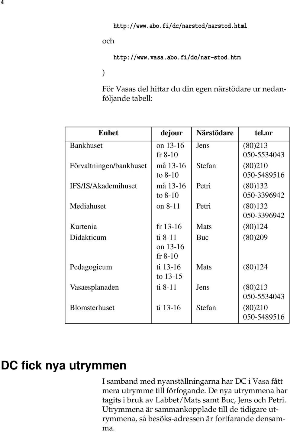 8-11 Petri (80)132 050-3396942 Kurtenia fr 13-16 Mats (80)124 Didakticum ti 8-11 Buc (80)209 on 13-16 fr 8-10 Pedagogicum ti 13-16 Mats (80)124 to 13-15 Vasaesplanaden ti 8-11 Jens (80)213