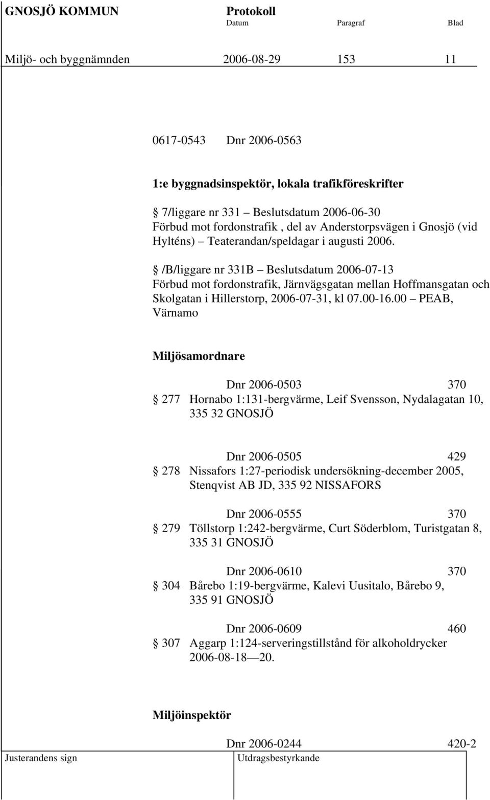 /B/liggare nr 331B Beslutsdatum 2006-07-13 Förbud mot fordonstrafik, Järnvägsgatan mellan Hoffmansgatan och Skolgatan i Hillerstorp, 2006-07-31, kl 07.00-16.