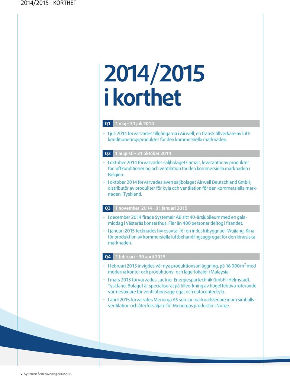 I oktober 2014 förvärvades även säljbolaget Airwell Deutschland GmbH, distributör av produkter för kyla och ventilation för den kommersiella marknaden i Tyskland.