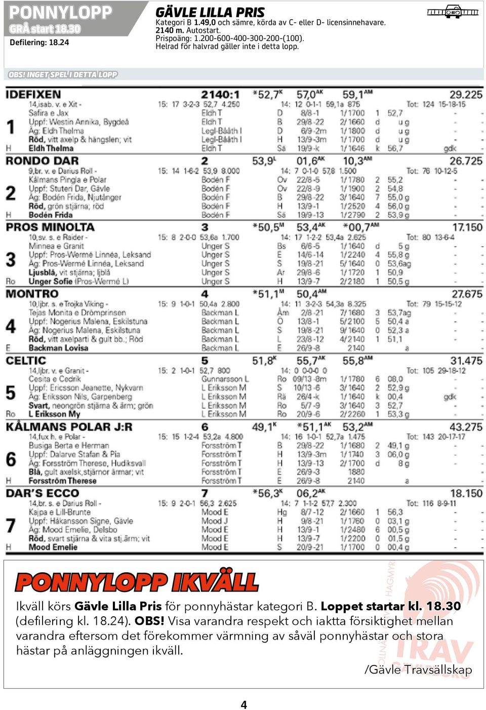 INGET SPEL I DETTA PONNY IKVÄLL Ikväll körs Gävle Lilla Pris för ponnyhästar kategori B. Loppet startar kl. 18.30 (defilering kl. 18.24).