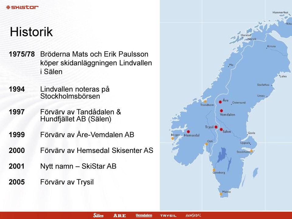 av Tandådalen & Hundfjället AB (Sälen) 1999 Förvärv av Åre-Vemdalen AB 2000