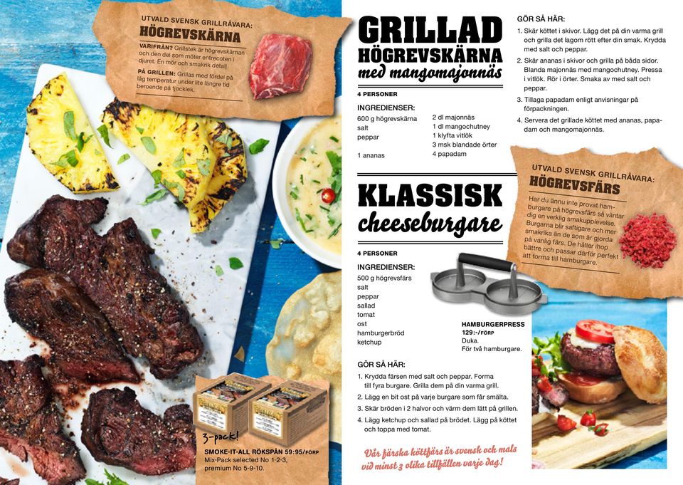 GRILLAD HÖGREVSKÄRNA med mangomajonnäs 600 g högrevskärna salt peppar 1 ananas 2 dl majonnäs 1 dl mangochutney 1 klyfta vitlök 3 msk blandade örter 4 papadam 1. Skär köttet i skivor.