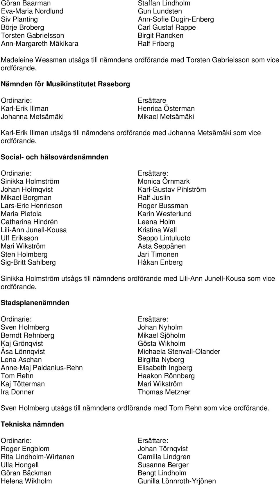 Illman utsågs till nämndens ordförande med som vice Social- och hälsovårdsnämnden Sinikka Holmström Johan Holmqvist Mikael Borgman Lars-Eric Henricson Maria Pietola Catharina Hindrén Lili-Ann