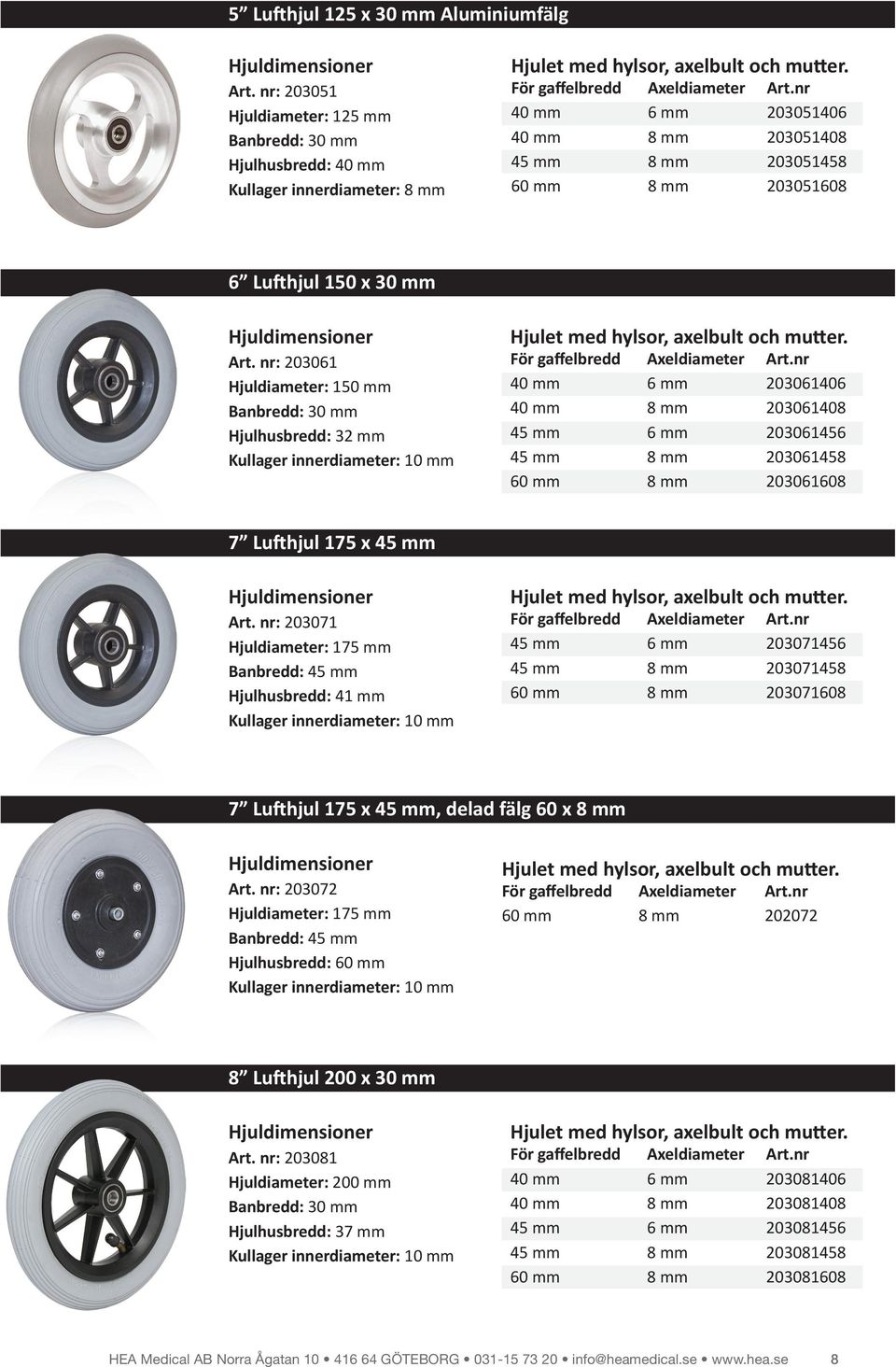 nr: 203061 Hjuldiameter: 150 mm Hjulhusbredd: 32 mm 40 mm 6 mm 203061406 40 mm 8 mm 203061408 45 mm 6 mm 203061456 45 mm 8 mm 203061458 60 mm 8 mm 203061608 7 Lufthjul 175 x 45 mm Art.