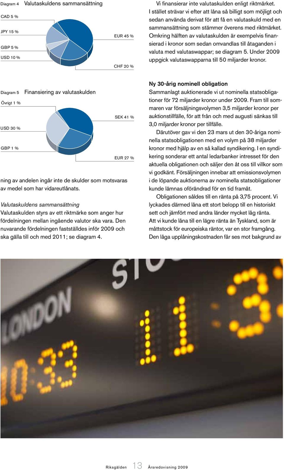 Omkring hälften av valutaskulden är exempelvis finansierad i kronor som sedan omvandlas till åtaganden i valuta med valutaswappar; se diagram 5.