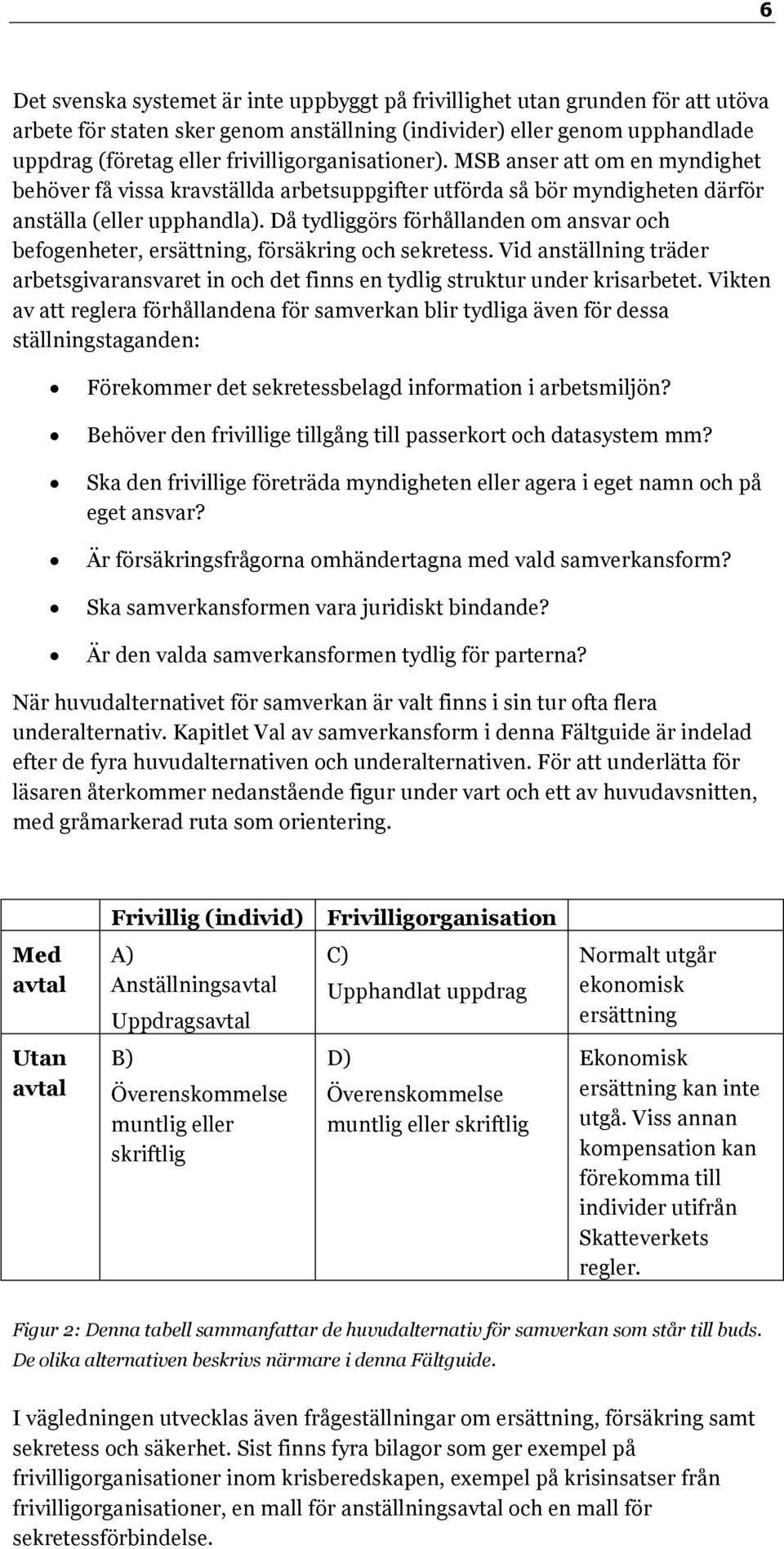 Då tydliggörs förhållanden om ansvar och befogenheter, ersättning, försäkring och sekretess. Vid anställning träder arbetsgivaransvaret in och det finns en tydlig struktur under krisarbetet.